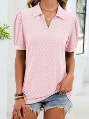 Pink eyelet collar top with puff sleeves and v-neck