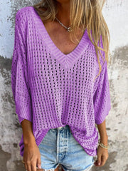 Open-knit heliotrope purple V-neck relaxed beach pullover sweater with short sleeves.