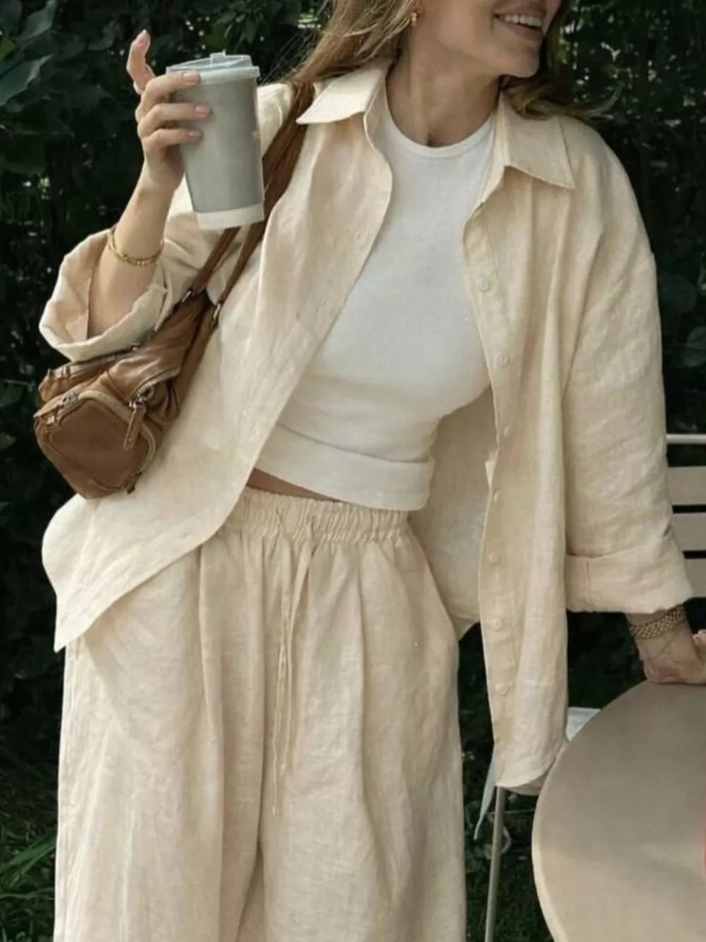 Button Up Shirt And Drawstring Pants Set in Apricot, front view