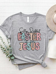 Gray polyester Easter graphic tee with pastel polka dot text that reads "Silly Rabbit Easter is for Jesus".