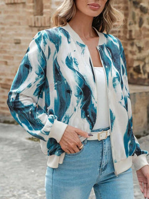 Fluid abstract print bomber jacket in teal and white with a zip front and ribbed cuffs.