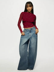 Burgundy rhinestone mesh long-sleeve t-shirt with allover sparkle detail.