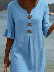 Button Decor Ruffle Sleeve Midi Dress Plus Size, back view