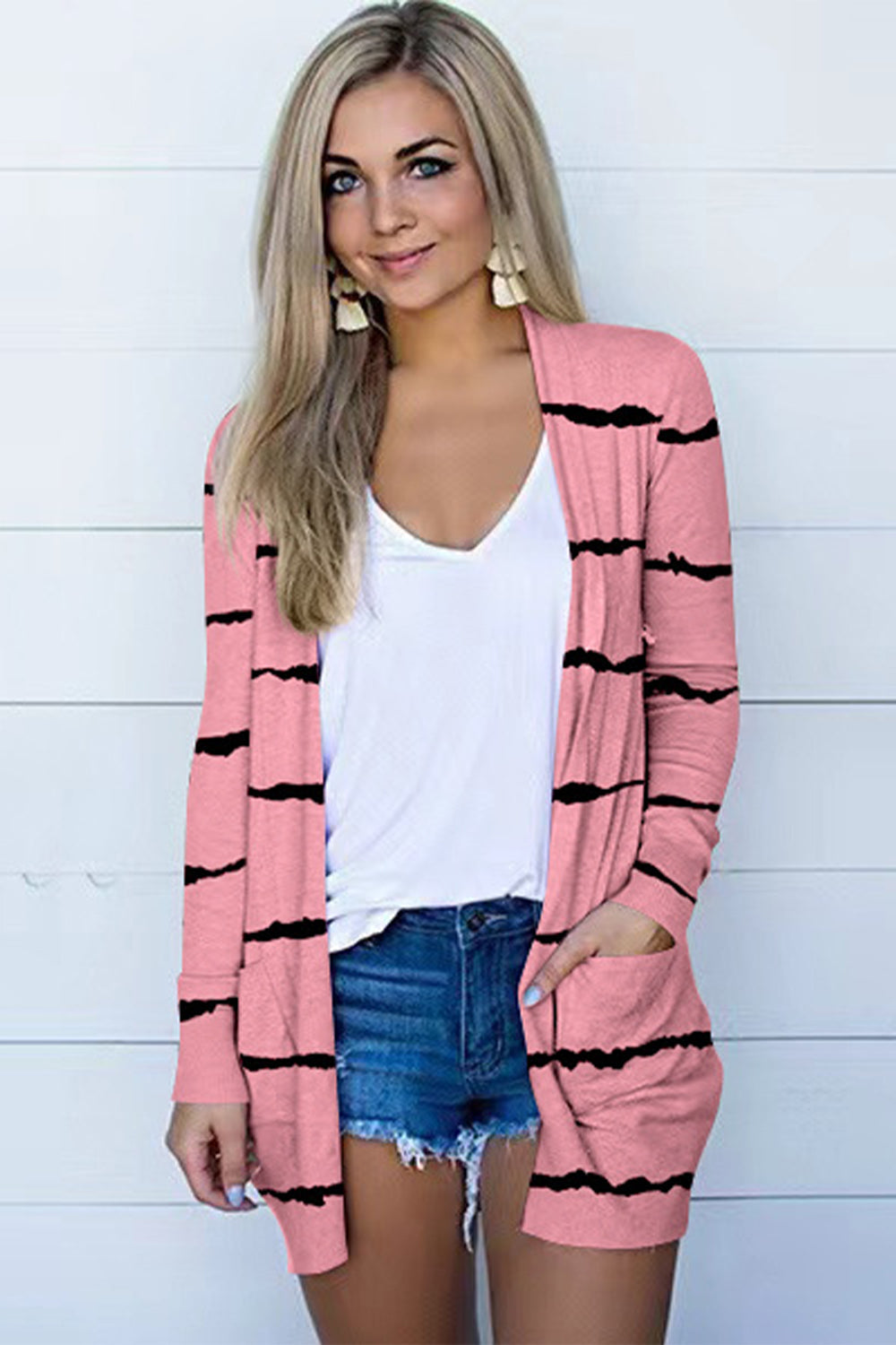 Open-front cardigan in Carnation Pink with black stripes, long sleeves, and pockets.