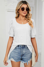 White eyelet puff sleeve scoop neck blouse with textured pattern