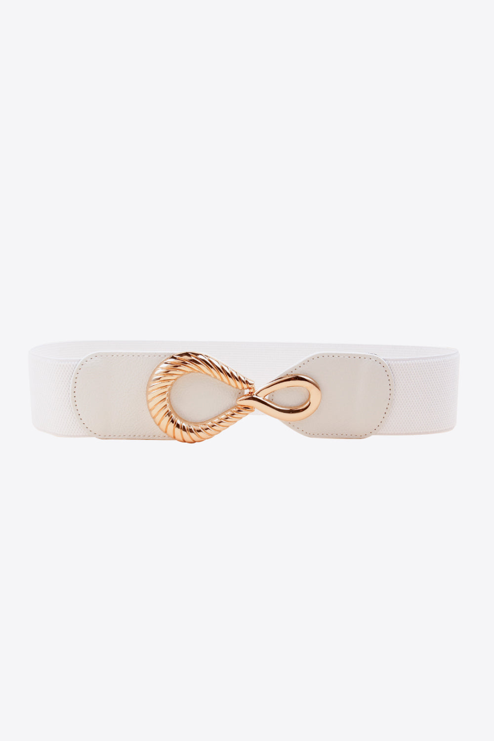 White elasticated waist belt with a gold sculpted buckle and faux leather accents.