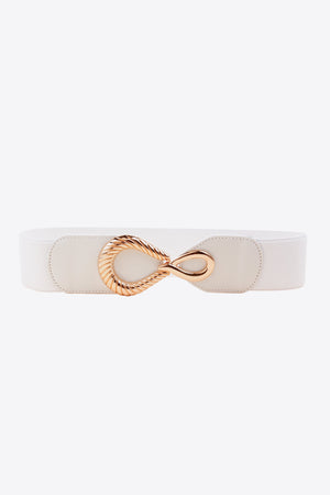 White elasticated waist belt with a gold sculpted buckle and faux leather accents.