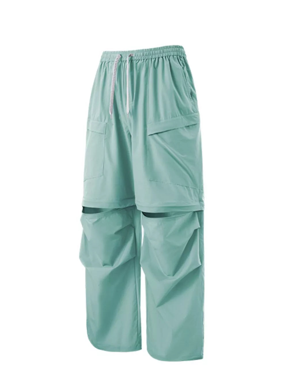 Matcha green cargo pants with adjustable drawstring waist and multiple pockets.