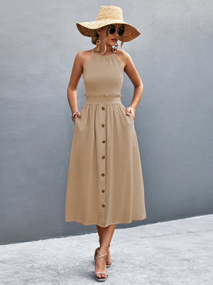 Khaki button-down midi dress with halter neck and ruffle waist detail.