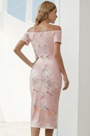 Blush pink off-shoulder midi dress with floral print and short sleeves.