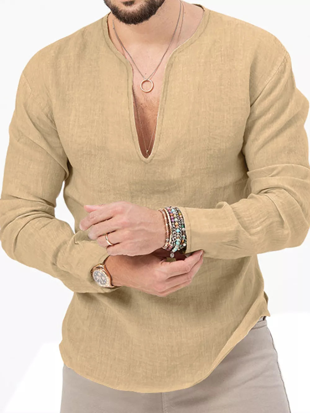 Men's Slim Fit Long Sleeve Blouse Plus Size in White, side view