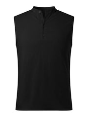 Black sleeveless shirt with mandarin collar and buttoned placket