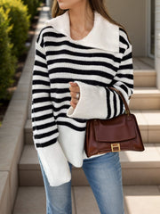 Breton stripe knit sweater with wide collar and bell sleeves.