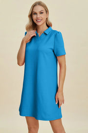 Textured V-neck short sleeve mini dress in sky blue with geometric pattern