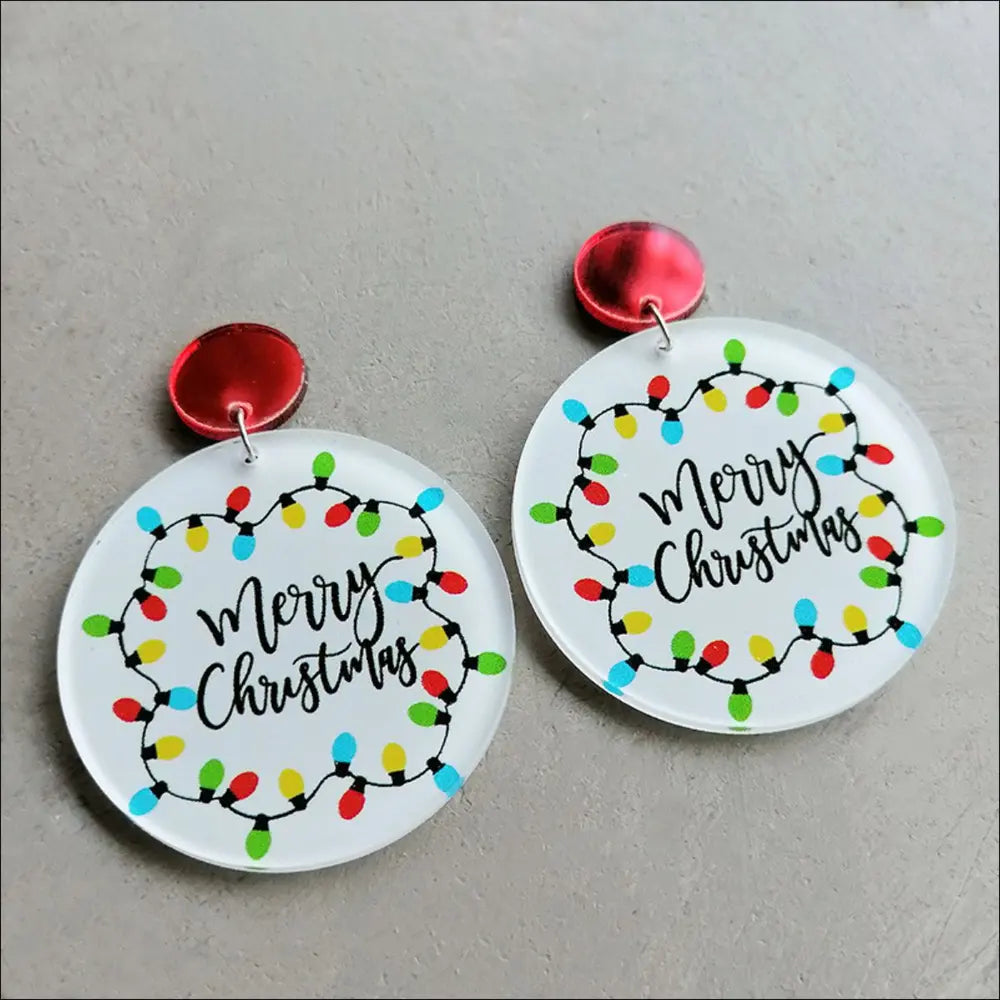 Acrylic statement earrings with Merry Christmas lights design and red tops