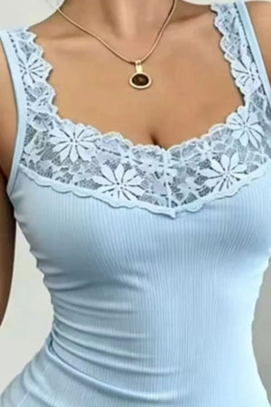 Light blue ribbed tank top with lace trim neckline