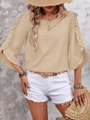 Apricot ruffled sleeve blouse with button detail and crew neck.