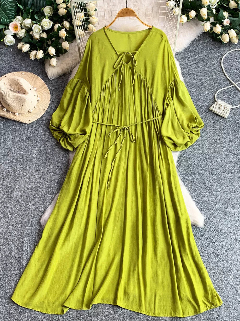 Light Green Bohemian Maxi Dress with balloon sleeves and tie neckline.