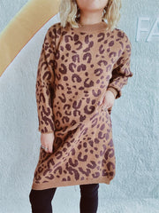 Leopard knit mini dress in caramel with long sleeves and crew neck.