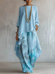 Asymmetrical Hem Top And Floral Pants Set, editorial view