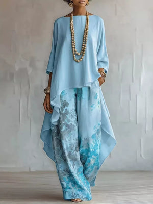 Asymmetrical Hem Top And Floral Pants Set, editorial view