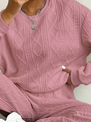 Dusty Pink cable knit lounge set with crew neck sweater and matching pants.