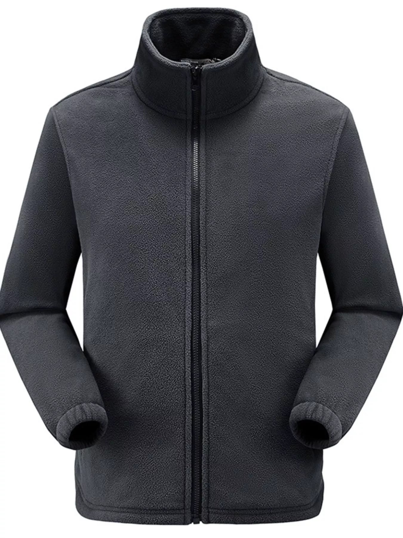 Grey fleece track jacket with full zip and stand-up collar.