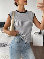 Black and white striped crew neck tee with black trim and cap sleeves.