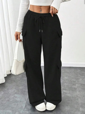 Black relaxed fit cargo pants with drawstring waist and side pockets.