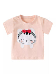 Peach toddler t-shirt with a whimsical cat appliqué featuring a red 3D bow.