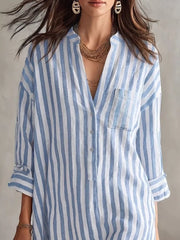 Full Size Striped 3/4 Sleeve Shirt Dress Plus Size in Green, side view