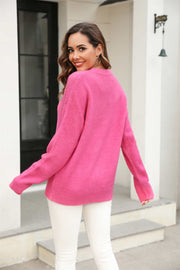 Hot Pink brushed-knit crewneck pullover sweater with ribbed cuffs and hem