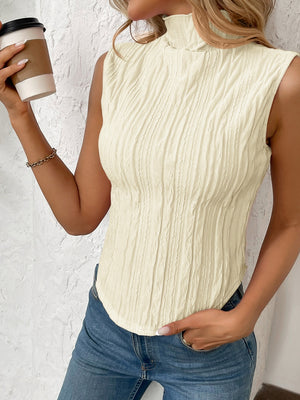 Textured sleeveless mock neck top in Tan with vertical ribbing detail.