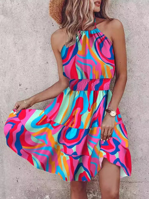Bohemian Printed Halter Mini Dress in Sherbet, model styling view