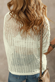 White crochet mesh overlay top with short sleeves and open knit detail.