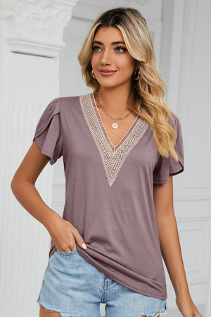 Mauve lace-trimmed V-neck flutter sleeve blouse with a casual fit.