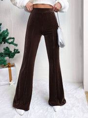 Chocolate textured corduroy bell bottom trousers with a high waist.