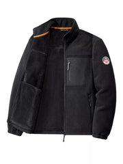 Black fleece jacket with zip pockets and orange trim on collar.