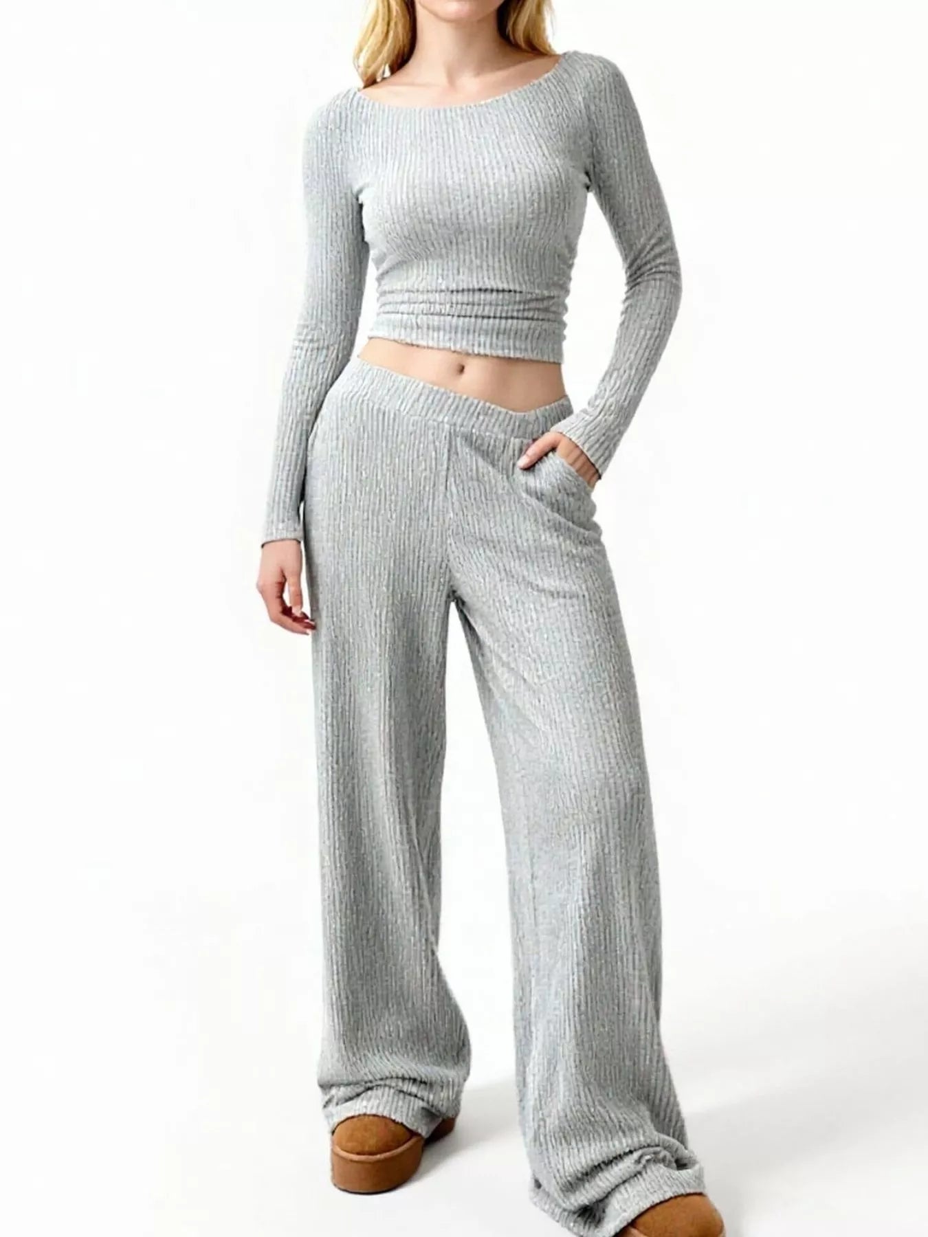 Light gray ribbed long sleeve crop top and wide leg pants set with boat neck