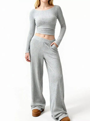 Light gray ribbed long sleeve crop top and wide leg pants set with boat neck