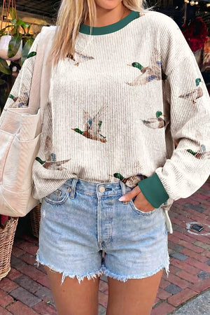 Twisted Ribbed Duck Print Crewneck Pullover in Beige, close-up detail