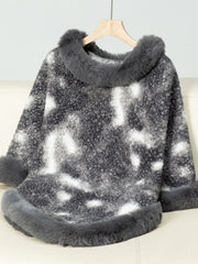 Faux fur trimmed camo poncho in dark gray with a textured knit and fuzzy trim.
