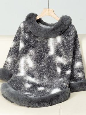 Faux fur trimmed camo poncho in dark gray with a textured knit and fuzzy trim.