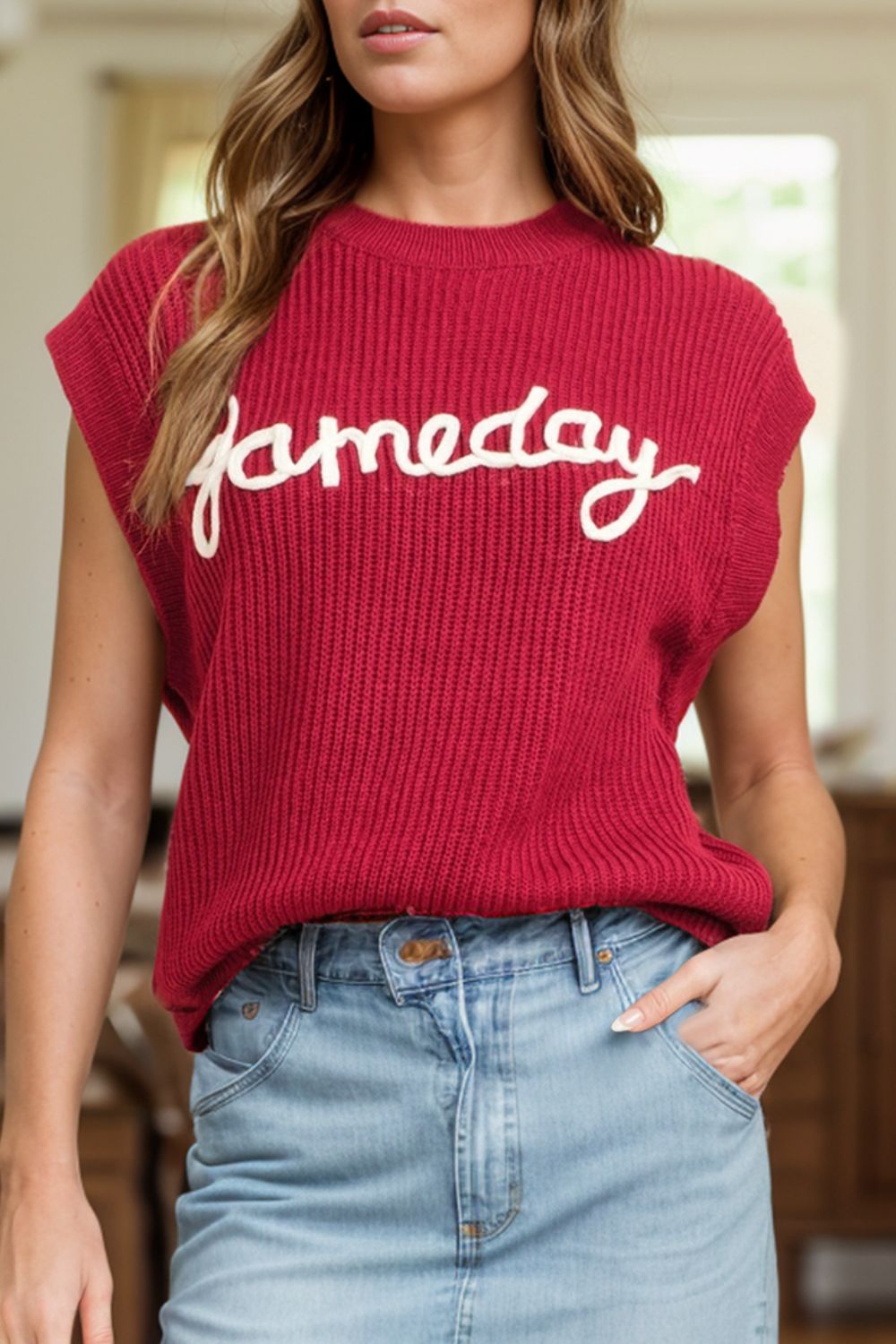 Burgundy ribbed knit vest with white "gameday" appliqué and crew neck