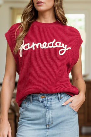 Burgundy ribbed knit vest with white "gameday" appliqué and crew neck