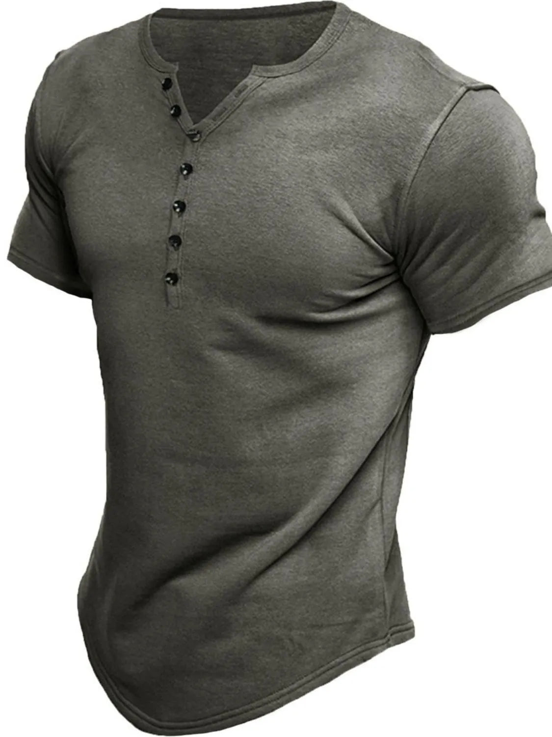 Henley tee in Dark Gray with button placket and curved hem