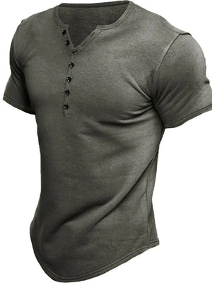 Henley tee in Dark Gray with button placket and curved hem