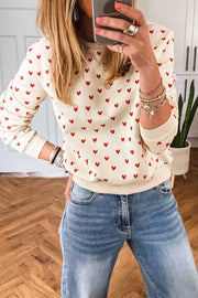 Heart Print Round Neck Long Sleeve Sweatshirt in Cream, front view