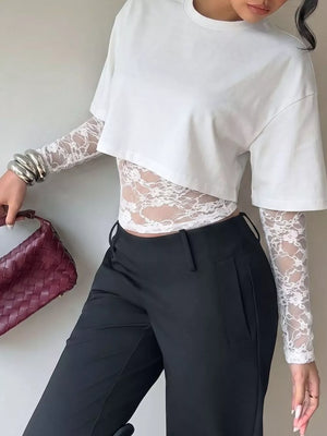 Lace Patchwork Short Sleeve T-shirt in Black, product detail