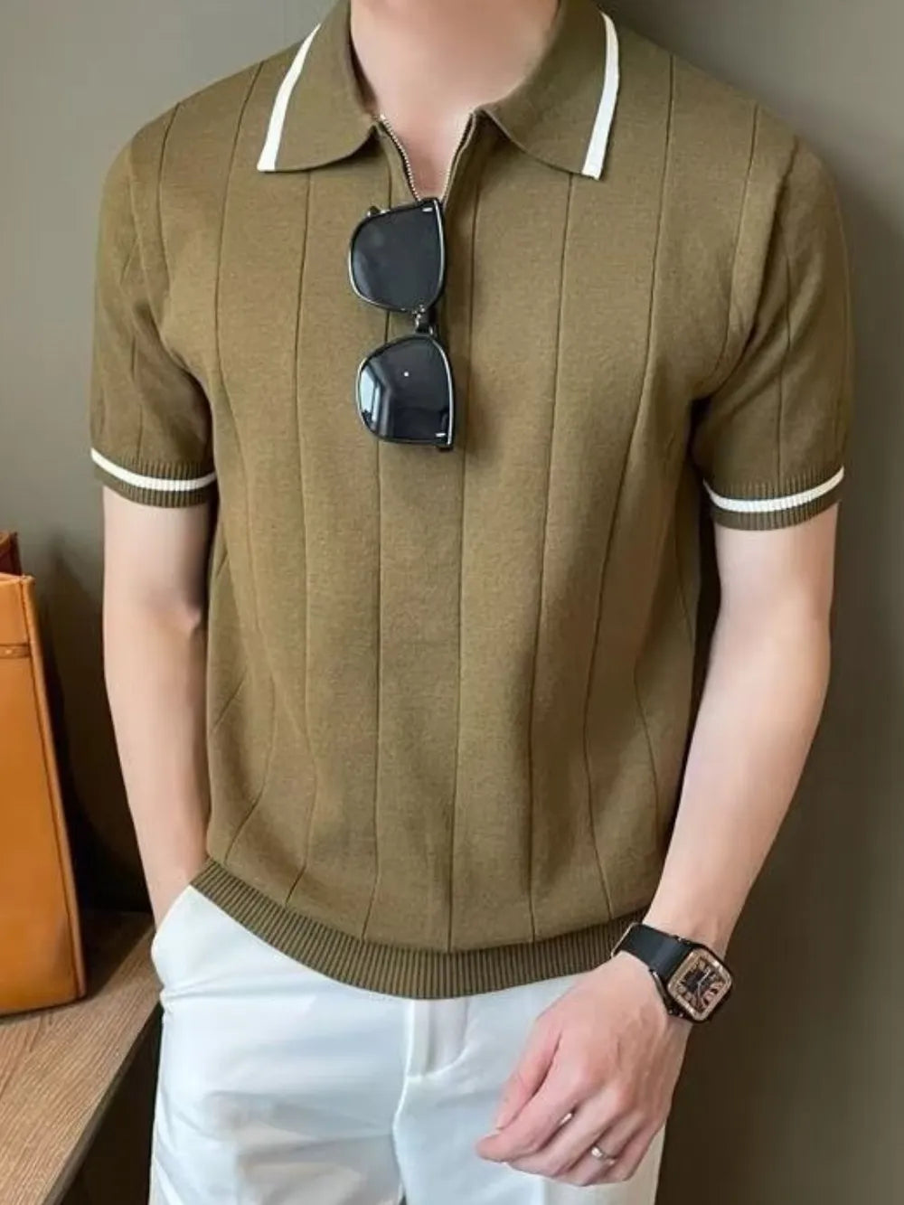 Olive ribbed knit polo with contrast collar and sleeve trim